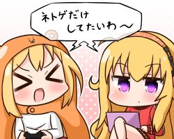 Rule 34 | &gt; &lt;, 2girls, :d, ahoge, animal hood, blonde hair, blush, closed eyes, closed mouth, computer, controller, crossover, doma umaru, facing another, gabriel dropout, gabriel tenma white, game controller, gradient background, hair between eyes, hamster costume, hamster hood, hana kazari, headphones, himouto! umaru-chan, holding, hood, hood up, jacket, laptop, long hair, long sleeves, looking down, multiple girls, open mouth, pink background, polka dot, polka dot background, purple eyes, red jacket, shirt, sitting, smile, track jacket, trait connection, translated, very long hair, white background, white shirt, xd