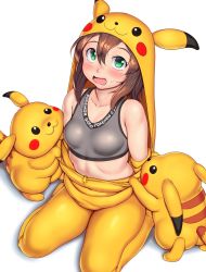 Rule 34 | 1girl, blush, commentary request, cosplay, creatures (company), game freak, gen 1 pokemon, hair between eyes, highres, looking at viewer, nintendo, orizen, pikachu, pikachu (cosplay), pokemon, pokemon go, simple background, sports bra, white background