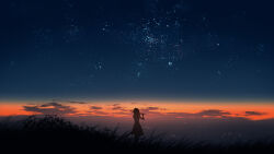 Rule 34 | 1girl, absurdres, city lights, cloud, commentary request, dress, evening, floating hair, furi0831, gradient sky, grass, highres, horizon, landscape, mountain, mountainous horizon, night, night sky, original, playing flute, scenery, silhouette, sky, standing, star (sky), starry sky