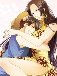 Rule 34 | 1boy, 1girl, bad id, bad pixiv id, blue eyes, boa hancock, brown hair, china dress, chinese clothes, couple, dress, earrings, grin, hat, hetero, hug, impel down, jewelry, jolly roger, kanameyura, long hair, monkey d. luffy, one piece, pirate, side slit, smile, very long hair, vest, yellow dress