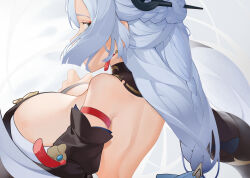 Rule 34 | 1girl, absurdres, bare back, bare shoulders, braid, breasts, cleavage, detached sleeves, earrings, from behind, genshin impact, grey eyes, hair ornament, hair stick, highres, jewelry, jinjide shaonian, large breasts, long hair, long sleeves, shenhe (genshin impact), sideboob, simple background, solo, upper body, white background