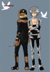 Rule 34 | armor, ash (galerians), bird, blonde hair, body markings, boots, cape, dove, fangs, galerians, galerians: ash, grey background, hat, knife, looking at viewer, looking back, monogoggle, parano (galerians), silver hair, simple background, smile, smiley face, tagme, yellow eyes