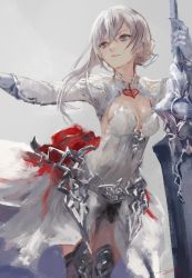 Rule 34 | 1girl, armor, armored dress, asymmetrical hair, breasts, cleavage, cowboy shot, dress, greatsword, grey background, grey eyes, highres, kouzuki kei, long hair, long sleeves, looking to the side, medium breasts, parted lips, silver hair, sinoalice, snow white (sinoalice), solo, standing, sword, thighhighs, white dress
