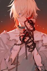 Rule 34 | 1boy, aventurine (honkai: star rail), blonde hair, blood, blood on face, blood on hands, chain, hair over one eye, highres, honkai: star rail, honkai (series), injury, looking at viewer, male focus, messy hair, multicolored eyes, shirt, short hair, solo, torn clothes, torn shirt, two-tone eyes, xiayabaier