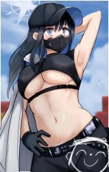 Rule 34 | 1girl, absurdres, arm behind head, arm up, armpits, baseball cap, black gloves, black hair, black hat, black pants, black shirt, blue archive, blue eyes, blue sky, breasts, cloud, commentary, crop top, day, doodle sensei (blue archive), gloves, hand on own hip, hat, highres, large breasts, long hair, m e e p y, mask, midriff, model pose, mouth mask, navel, outdoors, pants, saori (blue archive), sensei (blue archive), shirt, sky, sleeveless, sleeveless shirt, solo, stomach, underboob, upper body, very long hair