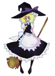 Rule 34 | 1girl, 24nora, apron, arms behind back, black footwear, black hat, black skirt, black vest, blonde hair, blue eyes, boots, bow, braid, broom, female focus, frilled apron, frills, full body, gradient hair, hair bow, hat, hat bow, hat ribbon, kirisame marisa, legs apart, long hair, looking at viewer, lowres, multicolored hair, puffy short sleeves, puffy sleeves, purple bow, purple ribbon, ribbon, shirt, short sleeves, simple background, skirt, solo, standing, touhou, vest, waist apron, white apron, white background, white shirt, witch hat