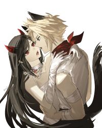 1boy 1girl animal_ears bandaged_arm bandages bandana bandana_around_neck bare_shoulders bead_necklace beads black_hair blonde_hair blood blood_in_mouth blue_eyes choker cloud_strife collarbone couple demon_horns dress duoj_ji eye_contact fangs final_fantasy final_fantasy_vii final_fantasy_vii_rebirth final_fantasy_vii_remake gloves halloween halloween_costume halterneck highres horns hug jewelry long_hair looking_at_another looking_at_viewer necklace open_mouth profile red_bandana red_eyes shirt short_hair sleeveless sleeveless_shirt spiked_hair sweatdrop swept_bangs tail tifa_lockhart twitter_username upper_body white_background white_choker white_dress white_gloves white_shirt