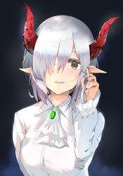 Rule 34 | 1girl, absurdres, blood, blush, dripping, emma august, eyelashes, fang, fingernails, gem, glowing, green eyes, green gemstone, grey hair, hair over one eye, highres, horns, just-moikin, looking at viewer, nijisanji, parted lips, pink lips, pointy ears, red horns, sharp fingernails, short hair, skin fang, solo, upper body, virtual youtuber
