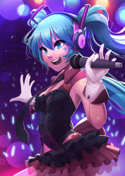 Rule 34 | 1girl, alternate costume, aqua eyes, aqua hair, audience, black necktie, bow, breasts, commentary, concert, corset, dancing, detached collar, dirty ero, english commentary, facial tattoo, frilled skirt, frills, gloves, glowstick, hatsune miku, headphones, highres, holding, holding microphone, idol, long hair, microphone, music, necktie, singing, skirt, small breasts, solo, stage lights, sweat, tattoo, teeth, twintails, upper teeth only, vocaloid, white gloves, wireless