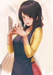 Rule 34 | 10s, 1girl, :d, absurdres, aged up, apron, belt, black hair, blush, breasts, brown eyes, ceiling, collarbone, commentary request, door, eyebrows, hair ribbon, half updo, hallway, highres, kimi no na wa., long hair, long sleeves, looking at viewer, medium breasts, miyamizu mitsuha, open mouth, own hands together, ranma (kamenrideroz), red ribbon, ribbon, shirt, smile, solo, spoilers, steepled fingers, swept bangs, tassel, upper body, wall, wooden floor, yellow shirt