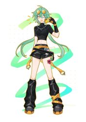 Rule 34 | 1girl, ;d, ahoge, artist name, black footwear, black shirt, black shorts, breasts, ezreal, genderswap, genderswap (mtf), green hair, heartsteel ezreal, highres, holding, holding phone, league of legends, long hair, looking at viewer, low twintails, medium breasts, mizilone, navel, notice lines, one eye closed, open mouth, orange-tinted eyewear, phone, shirt, shorts, smile, solo, stomach, sunglasses, tinted eyewear, twintails, white background