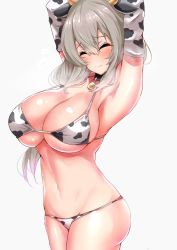 Rule 34 | 1girl, animal ears, animal print, bare shoulders, bell, bikini, blush, breasts, cleavage, closed eyes, closed mouth, collar, collarbone, cow ears, cow horns, cow print, cow print bikini, cowbell, elbow gloves, gloves, grey hair, hair over shoulder, highres, horns, large breasts, long hair, looking at viewer, low tied hair, mature female, navel, neck bell, print bikini, sankakusui, shiny skin, simple background, skindentation, smile, swimsuit, thighs, uzaki-chan wa asobitai!, uzaki tsuki, white background, white bikini