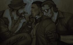 Rule 34 | 3boys, absurdres, arm hair, bara, beard, call of duty, call of duty: modern warfare 2, captain price, chain necklace, cigar, collared shirt, dark-skinned male, dark skin, facial hair, finger to another&#039;s mouth, gaz (call of duty 4), gloves, hat, highres, jacket, jewelry, male focus, monochrome, multiple boys, muscular, muscular male, necklace, netcrow98, nikolai (modern warfare), open clothes, open jacket, pants, shirt, short hair, sideburns, sunglasses, yaoi