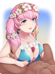 Rule 34 | blade ride, blush, breasts squeezed together, breasts, censored, ear piercing, fire emblem, gunnthra (fire emblem), hair ornament, hetero, highres, large breasts, nintendo, paizuri, paizuri under clothes, penis, piercing, solo focus, swimsuit, twitter username