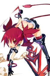 Rule 34 | 1girl, bat wings, belt, bent over, butt crack, demon girl, demon tail, disgaea, elder spear, etna (disgaea), gloves, highres, makai senki disgaea, miniskirt, miyakawa106, pointy ears, polearm, red eyes, red hair, skirt, solo, spear, tail, thighhighs, tongue, tongue out, twintails, weapon, wings