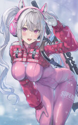 Rule 34 | 1girl, absurdres, alice (nikke), animal ear headphones, animal ears, bent over, blurry, blurry background, blush, bodysuit, breasts, cat ear headphones, clothes writing, commentary request, covered navel, cropped jacket, enporion, eyelashes, fake animal ears, gloves, goddess of victory: nikke, gun, gun sling, hair between eyes, hair intakes, hand up, headphones, headset, highres, jacket, large breasts, latex, latex bodysuit, long hair, long sleeves, looking at viewer, open mouth, pink bodysuit, pink eyes, pink gloves, pink headphones, pink jacket, rifle, sidelocks, skin tight, smile, sniper rifle, snowing, solo, standing, teeth, two-tone gloves, upper teeth only, wavy hair, weapon, white gloves, white hair, zipper