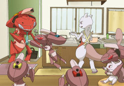 Rule 34 | alternate color, android, apron, bug, child, cooking, creatures (company), enohito, family, game freak, gen 1 pokemon, gen 5 pokemon, genesect, jumping, kitchen, legendary pokemon, looking at another, mewtwo, mythical pokemon, naked apron, necktie, nintendo, parody, pokemon, pokemon (creature), pokemon bw (anime), pokemon the movie: genesect and the legend awakened, shiny pokemon, what, window