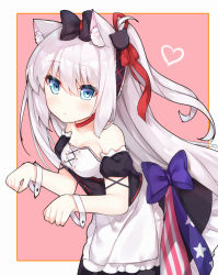 Rule 34 | 1girl, american flag, american flag print, animal ears, apron, azur lane, bare shoulders, black bow, black dress, blue bow, blue eyes, blush, bow, cat ears, choker, collarbone, dress, flag print, frilled apron, frilled dress, frills, hair between eyes, hair bow, hammann (azur lane), heart, leaning forward, long hair, looking at viewer, one side up, paw pose, pink background, puffy sleeves, red choker, ribbon, sidelocks, silver hair, simple background, solo, tengxiang lingnai, two-tone background, very long hair, waist apron, white apron, white background, wrist cuffs