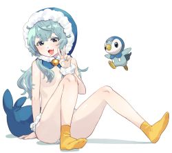 Rule 34 | 1girl, arm support, blush, breasts, commentary request, creatures (company), dangogo, eyelashes, game freak, gen 4 pokemon, green nails, hair over breasts, highres, hood, hood up, knees, long hair, looking at viewer, nail polish, nintendo, open mouth, orange socks, personification, piplup, pokemon, pokemon (creature), shiny skin, sitting, socks, tail, tongue, v