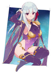 Rule 34 | 1girl, arm at side, arm up, armpits, asymmetrical hair, blue background, blunt bangs, boots, breasts, closed mouth, detached sleeves, dot mouth, earrings, fate/grand order, fate (series), foot out of frame, gold trim, hair ribbon, halterneck, hand in own hair, high heel boots, high heels, jewelry, kama (fate), kama (second ascension) (fate), large breasts, long hair, looking at viewer, purple footwear, red eyes, red ribbon, ribbon, saeki saiki, single sidelock, sitting, solo, thigh boots, white hair, yokozuwari