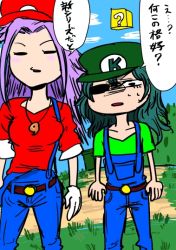 Rule 34 | 2girls, black eyes, blouse, blue overalls, blush stickers, breasts, closed eyes, cosplay, crossover, eyepatch, gloves, green eyes, green hat, green shirt, hat, jun&#039;you (kancolle), kantai collection, kiso (kancolle), long hair, luigi, luigi (cosplay), mario, mario (cosplay), mario (series), multiple girls, nintendo, overalls, purple hair, shirt, spiked hair, super mario bros. 1, suspenders, sweatdrop, taishoo, translation request, white gloves