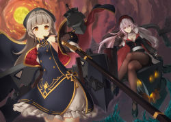Rule 34 | 2girls, absurdres, azur lane, bare shoulders, beret, black dress, black footwear, black hat, black shirt, blunt bangs, breasts, brown eyes, brown gloves, brown hair, brown jacket, brown legwear, cannon, cape, closed mouth, cloud, cloudy sky, commentary request, cross, crossed legs, dress, full moon, gloves, graf zeppelin (azur lane), hair between eyes, hair ornament, hat, highres, holding, holding sword, holding weapon, iron cross, jacket, long hair, long sleeves, looking at viewer, mikami yuuki (nl8you), mole, mole under eye, moon, multiple girls, open clothes, open jacket, pantyhose, pink hair, pleated skirt, puffy long sleeves, puffy sleeves, purple eyes, shirt, shoes, sitting, skirt, sky, sleeveless, sleeveless dress, small breasts, sword, turret, very long hair, water, waves, weapon, white cape, white gloves, white skirt, z46 (azur lane)