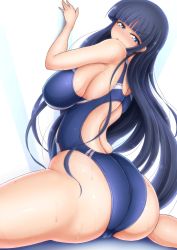 Rule 34 | 10s, 1girl, ass, back, back cutout, blue eyes, blue hair, blunt bangs, blush, breasts, cameltoe, clothing cutout, competition swimsuit, curvy, eyebrows, from behind, from below, highres, huge ass, ikaruga (senran kagura), large breasts, long hair, looking at viewer, looking back, matching hair/eyes, one-piece swimsuit, ponponmaru, senran kagura, sideboob, sitting, skin tight, solo, sweat, swimsuit, very long hair, wet, white background, wide hips
