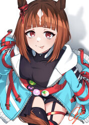 Rule 34 | 1girl, :p, animal ears, black shirt, blue jacket, breasts, brown hair, crossed legs, ear ornament, highres, horse, horse ears, horse girl, horse tail, jacket, large breasts, long sleeves, looking at viewer, multicolored hair, red eyes, shikaya, shirt, short hair, signature, simple background, skindentation, smile, solo, tail, tongue, tongue out, transcend (umamusume), umamusume, white background, white hair