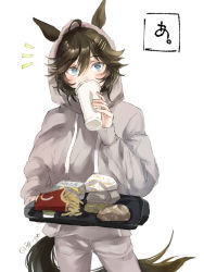 Rule 34 | 1girl, ahoge, alternate costume, animal ears, blush, brand name imitation, brown hair, burger, character name, cowboy shot, cup, disposable cup, ears through headwear, food, french fries, green eyes, grey jacket, grey pants, hair ornament, hairclip, holding, holding cup, holding tray, hood, hood up, hoodie, horse ears, horse girl, horse tail, izuky (izz qt), jacket, long sleeves, looking at viewer, mcdonald&#039;s, mr. c.b. (umamusume), notice lines, pants, simple background, solo, tail, tray, twitter username, umamusume, white background