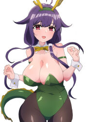 Rule 34 | 1girl, ahoge, black pantyhose, breasts, cleavage, comala (komma la), dragon girl, dragon horns, dress, green dress, happy new year, highres, horns, kantai collection, large breasts, leotard, long hair, looking at viewer, new year, off shoulder, open mouth, pantyhose, paw pose, playboy bunny, purple hair, red eyes, ryuuhou (kancolle), sideboob, simple background, smile, solo, strapless, strapless leotard, taigei (kancolle), twintails, underboob