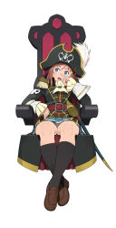 Rule 34 | 1girl, ascot, belt, black socks, blue eyes, epaulettes, full body, go robots, hair ornament, hairclip, hat, hat feather, highres, katou marika, kneehighs, loafers, looking away, miniskirt pirates, nose picking, open mouth, panties, pantyshot, pink hair, pinky out, pirate, pirate hat, pleated skirt, saber (weapon), shoes, simple background, sitting, skirt, skull and crossbones, socks, solo, sword, underwear, upskirt, weapon, white background