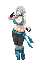 Rule 34 | 1girl, abs, bare shoulders, blue eyes, blue lips, boots, breasts, choker, cleavage, clenched hands, collarbone, fingerless gloves, freezer katakura, gloves, grey hair, hair over one eye, large breasts, light smile, lipstick, looking to the side, makeup, muscular, muscular female, navel, official art, ring dream, short hair, solo, transparent background, wrestling outfit, yorumura shiro