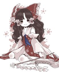 Rule 34 | 1girl, ascot, blue ascot, blush, boots, bow, brown hair, detached sleeves, floral print, frilled bow, frills, gohei, hair bow, hakurei reimu, highres, holding, holding gohei, japanese clothes, knee boots, long hair, looking at viewer, miko, sitting, smile, solo, touhou, umebitan, very long hair, wariza, white footwear, wide sleeves