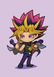 Rule 34 | 1boy, absurdres, bare shoulders, belt, black belt, black collar, black hair, black pants, black shirt, blonde hair, card, chain, chain necklace, chibi, collar, duel disk, dyed bangs, highres, holding, holding card, jacket, jacket on shoulders, jewelry, male focus, millennium puzzle, multicolored hair, necklace, pants, red hair, shirt, smile, solo, spiked hair, standing, yami yugi, youko-shima, yu-gi-oh!