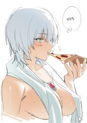 Rule 34 | bechu, blue eyes, blush, breasts, censored, cleavage, dante (devil may cry), devil may cry (series), eating, food, genderswap, genderswap (mtf), grey hair, hair between eyes, highres, holding, holding food, holding pizza, jewelry, korean text, large breasts, looking at viewer, necklace, pizza, short hair, simple background, sketch, solo, towel, towel around neck, upper body, wet, wet hair, white background
