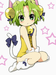 Rule 34 | 1girl, :&lt;, animal ears, bad id, bad pixiv id, bare shoulders, bell, between thighs, blush, bow, cat ears, cat tail, chidejika, chidejika (cosplay), child, cosplay, dejiko, di gi charat, dutch angle, embarrassed, gloves, green eyes, green hair, hair bell, hair ornament, hat, japan commercial broadcasters association, jingle bell, kneeling, loose socks, maruki (punchiki), matching hair/eyes, one-piece swimsuit, ribbon, school swimsuit, short hair, simple background, sitting, socks, solo, star (symbol), swimsuit, tail, tail ornament, tail ribbon, thighs, v arms, yellow one-piece swimsuit