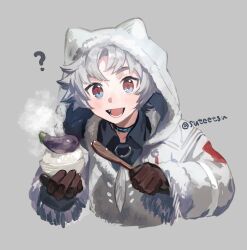 Rule 34 | 1boy, ?, arknights, aynoh, bowl, brown gloves, commentary request, eggplant, fangs, fox boy, gloves, highres, holding, holding bowl, holding spoon, hood, hood up, hooded jacket, infection monitor (arknights), jacket, looking at viewer, male focus, open mouth, qanipalaat (arknights), rice, rice bowl, smile, spoon, steam, steaming food, twitter username, upper body, white jacket, wooden spoon