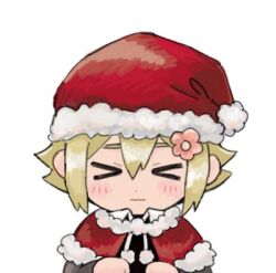 &gt;_&lt; 1boy basil_(faraway)_(omori) basil_(omori) blonde_hair blush chibi chibi_only closed_eyes closed_mouth flower hair_flower hair_ornament hat lowres male_focus omori santa_costume santa_hat sebon_(sebochin) short_hair simple_background solo white_background