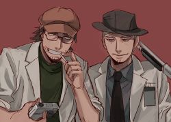 Rule 34 | 2boys, alto clef, assa, blonde hair, blue eyes, brown hair, camera, cigarette, facial hair, glasses, green eyes, gun, hat, heterochromia, kondraki, lab coat, looking at another, male focus, multiple boys, necktie, parted lips, red background, scp foundation, shotgun, simple background, upper body, weapon
