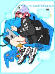 Rule 34 | 1girl, adidas, backpack, bag, baseball cap, black bag, black jacket, blue eyes, brand name imitation, from side, full body, game console, gamecube, gamecube controller, hat, highres, jacket, long sleeves, looking at viewer, looking to the side, musical note tattoo, nao97122, original, paw print, pink hair, shoes, short ponytail, sidelocks, sneakers, socks, solo, streetwear, triple vertical stripe, white footwear, white hat, yellow socks