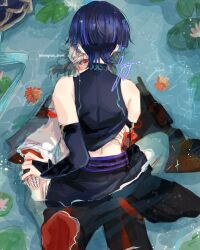 Rule 34 | 2boys, artist name, bare shoulders, blue hair, boy on top, commentary, detached sleeves, english commentary, from above, genshin impact, highres, holding hands, kaedehara kazuha, lily pad, male focus, multiple boys, partially submerged, red eyes, scaramouche (genshin impact), suteragrace, white hair, yaoi