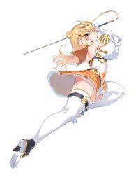 Rule 34 | 1girl, blonde hair, boots, double bun, elbow gloves, escalation heroines, full body, gloves, hair bun, hair ornament, hairclip, headdress, highres, holding, holding sword, holding weapon, long hair, miniskirt, official art, profile, red hair, simple background, skirt, solo, sword, thigh boots, thighhighs, transparent background, urara haruhina, weapon, white background, white footwear, white gloves