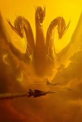 Rule 34 | absurdres, aircraft, airplane, alien, bioluminescence, breath weapon, cloud, conjoined, dragon, electricity, energy, epic, fighter jet, giant, giant monster, glowing, glowing eyes, godzilla: king of the monsters, godzilla (series), highres, horns, hydra, jet, kaijuu, king ghidorah, legendary pictures, lightning, military, military vehicle, monster, monsterverse, mouth beam, movie poster, multiple heads, official art, toho, wings