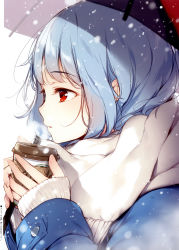 Rule 34 | 1girl, 2hands1cup, absurdres, blue coat, blue eyes, blue hair, blush, breath, coat, commentary request, cup, drink, drinking glass, eyebrows, from side, heterochromia, highres, holding, holding cup, holding umbrella, huge filesize, ke-ta, long sleeves, looking away, own hands together, parted lips, profile, red eyes, scan, scarf, short hair, simple background, sleeves past wrists, snowing, solo, tatara kogasa, touhou, translation request, two-handed, umbrella, upper body, white background, white scarf