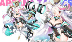 Rule 34 | 1girl, ;d, apple caramel, bare shoulders, black gloves, blue hair, boots, breasts, cleavage, commentary request, copyright notice, copyright request, covered navel, elbow gloves, fang, fingerless gloves, gears, gloves, grey hair, hair rings, hammer, headgear, high heel boots, high heels, highres, large breasts, leotard, long hair, looking at viewer, multicolored hair, official art, one eye closed, open mouth, parted bangs, pink hair, red eyes, smile, solo, thighhighs, thighhighs under boots, two-tone hair, very long hair, white footwear, white leotard, white thighhighs, zoom layer