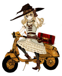 Rule 34 | 1girl, belt, black pantyhose, boots, cross-laced footwear, dress, fingerless gloves, fujino ichi, gloves, goggles, hat, high heel boots, high heels, highres, kirisame marisa, motor vehicle, motorcycle, pantyhose, petticoat, puffy short sleeves, puffy sleeves, scooter, short sleeves, solo, suitcase, touhou, white dress, witch hat