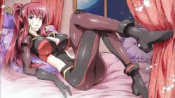 Rule 34 | 10s, 1girl, bed, black carrier, black gloves, blue eyes, bodysuit, breasts, cleavage, cleavage cutout, clothing cutout, crossed legs, curtains, gloves, headphones, headset, highres, kaishaku, kaitou tenshi twin angel, large breasts, latex, long hair, lying, moon, night, non-web source, pillow, red hair, saijou jouji, shoes, sitting, smile, solo, twin angel, window