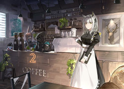 Rule 34 | 1other, 2girls, absurdres, alternate costume, ambiguous gender, amiya (arknights), animal ears, apron, arknights, ascot, black dress, black jacket, blue ascot, blue eyes, breasts, brown hair, choker, coffee, collared dress, counter, cup, doctor (arknights), dress, english text, enmaided, frills, green eyes, hair between eyes, highres, holding, hood, hooded jacket, hoodie, indoors, jacket, kal&#039;tsit (arknights), long sleeves, looking at viewer, maid, maid apron, maid headdress, mask, multiple girls, painting (object), plant, rabbit ears, shop, silver hair, sleeve cuffs, spinning wheel, stuffed animal, stuffed orca, stuffed toy, white apron, yuan long