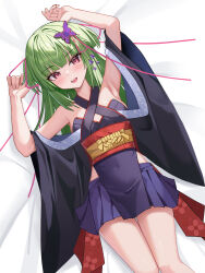 1girl :d arm_up armpits bare_shoulders bed_sheet black_kimono blunt_bangs blunt_ends blush breasts butterfly_hair_ornament clenched_hand colored_eyelashes commentary covered_navel criss-cross_halter dutch_angle eyelashes feet_out_of_frame from_above green_hair hair_ornament hair_ribbon halterneck hand_up happy highres hime_cut japanese_clothes kimono long_hair long_ribbon long_sleeves looking_at_viewer lying miniskirt murasame_(senren) on_back open_mouth pleated_skirt purple_skirt red_eyes red_ribbon red_sash ribbon sash senren_banka sidelocks skirt small_breasts smile solo straight_hair teeth tsurime two_side_up upper_teeth_only wide_sleeves xujiu