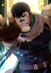 Rule 34 | 1boy, bandaid, bandaid on face, bandaid on nose, bara, black hair, blue hair, cape, covered abs, crave saga, earrings, embers, facial scar, fingerless gloves, gae bolg (crave saga), gloves, glowing, glowing eyes, grin, holding, holding weapon, jewelry, looking at viewer, male focus, multicolored hair, muscular, muscular male, nattukre, outstretched arm, reaching, reaching towards viewer, scar, scar on cheek, scar on face, sharp teeth, short hair, smile, solo, streaked hair, teeth, two-tone hair, upper body, v-shaped eyebrows, weapon, yellow eyes